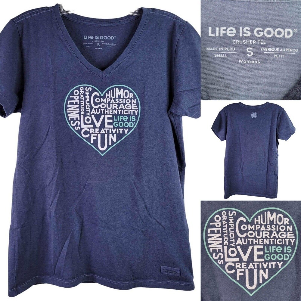 Life Is Good Womens Small Petite Navy Heart Graphic Crusher Tee Short Sleeve